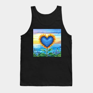 Sunflower Field Sunset Heart Frame Around Cross, Romantic Nature Photography Art Tank Top